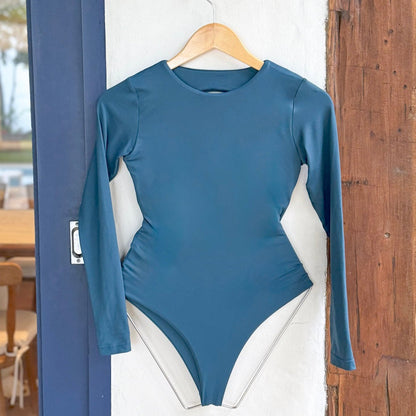 Maio Manga Longa Costas Recorte Azul Índigo