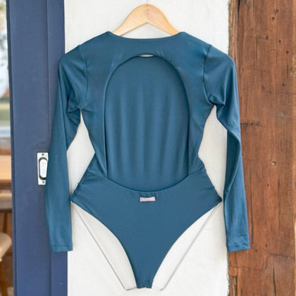 Maio Manga Longa Costas Recorte Azul Índigo