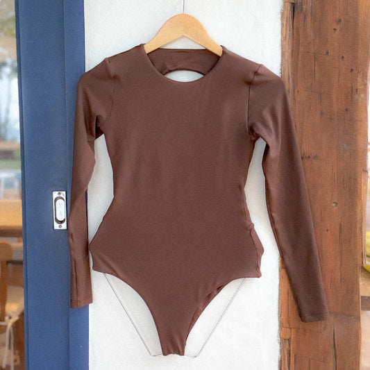 Maio Manga Longa Costas Recorte Marrom